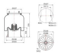 Пневморессора со стаканом (пластик) 1шп.-m12 + 1шп.-штуц.-m12/20 (стакан 4 отв.xм12) (sonder) 