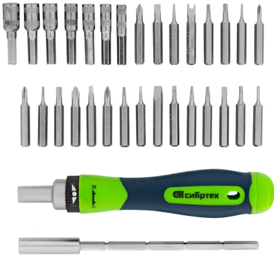 Отвертка ревер. для точ. раб., 32 пред., ph + sl + pz + torx + hex + tt, crv, 2к рукоятка// сибртех
