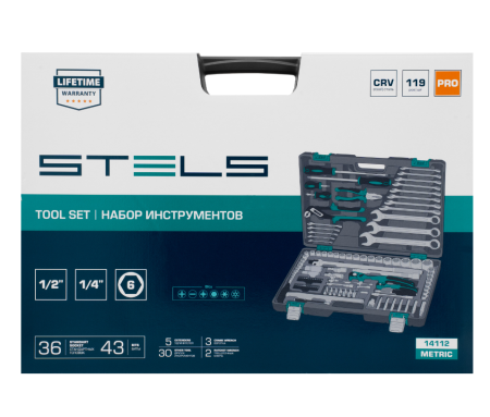 Набор инструментов, 1/4", 1/2", cr-v, s2, усиленный кейс, 119 предметов stels