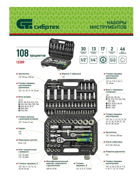 Набор инструментов, 1/2", 1/4", 108 предметов сибртех