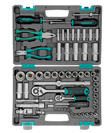 Набор инструментов, 1/2", 1/4", crv, пластиковый кейс 69 предметов stels