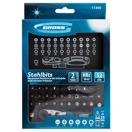 Набор бит, 1/4", магнитный адаптер, сталь s2 пластиковый кейс, 33 предм.  gross