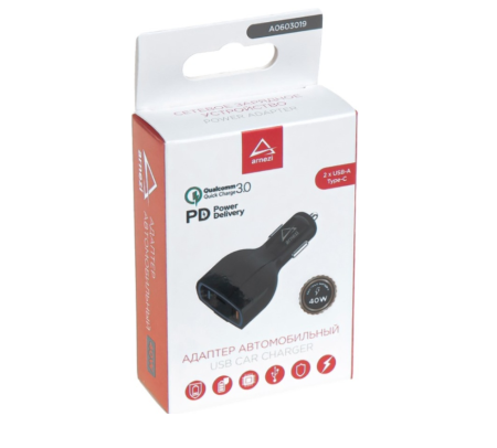 Адаптер автомобильный 40w 2хusb-a 3.1а (qc3.0) + type-с (pd 3.0) 12-241v в прикуриватель arnezi 