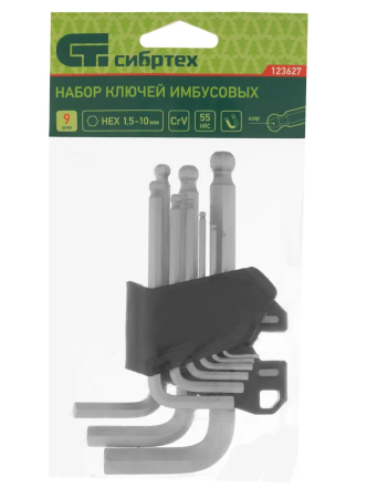 Набор ключей имбусовых, hex, 1,5-10 мм, crv, 9 шт., с шаром сибртех