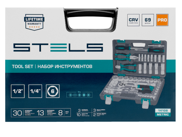 Набор инструментов, 1/2", 1/4", crv, пластиковый кейс 69 предметов stels