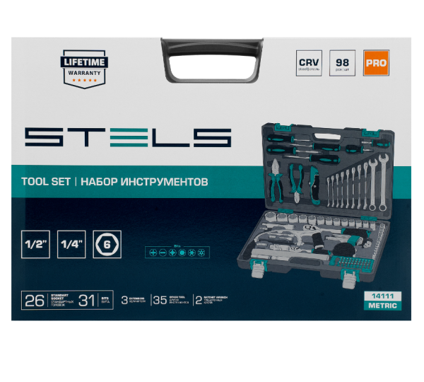 Набор инструментов, 1/2", 1/4", crv, пластиковый кейс 98 предметов stels