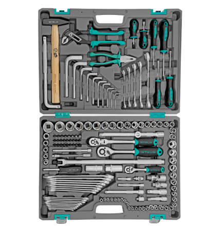 Набор инструментов, 1/2",3/8", 1/4", crv, пластиковый кейс 142 предмета stels
