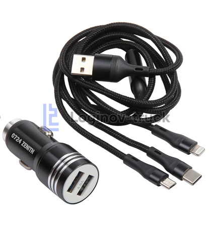 Зарядное устройство 2  usb 2.4 a/2.4 a 5v черный алюминий dc12v/34v iphone+android+type-c  (28160)