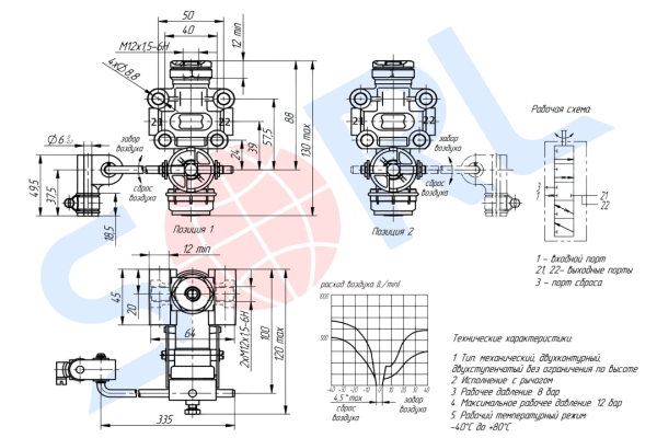 Кран уровня пола 3 вых bpw / man, kmz, maz, bogdan, krone, schmitz (sorl) 