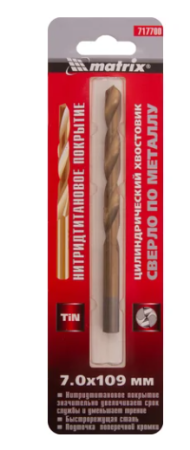 Сверло по металлу, 7 мм, hss, нитридтитановое покрытие, цилиндрический хвостовик// matrix