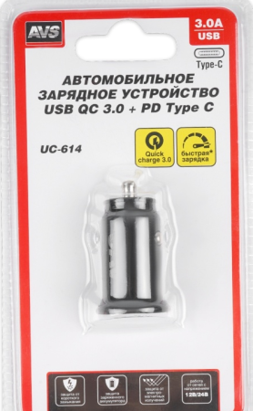 Usb автомобильное зарядное устройство avs 2 порта uc-614 (usb qc 3.0+pd type c)
